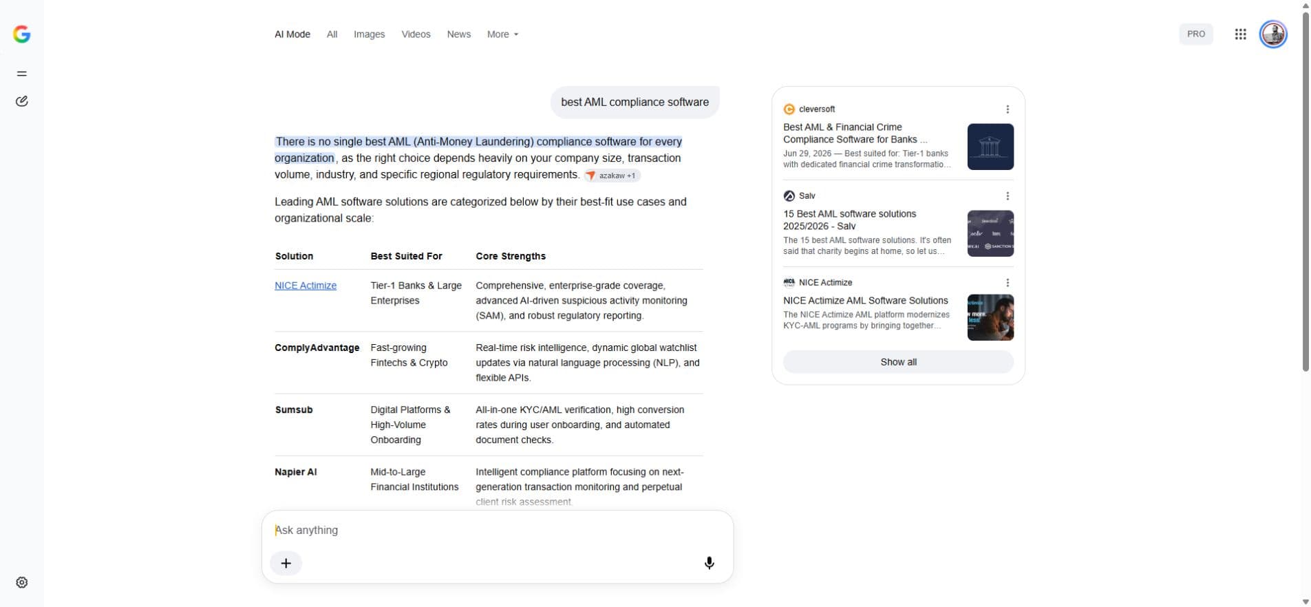Google AI Mode answer for best AML compliance software without AML Watcher in the visible shortlist.