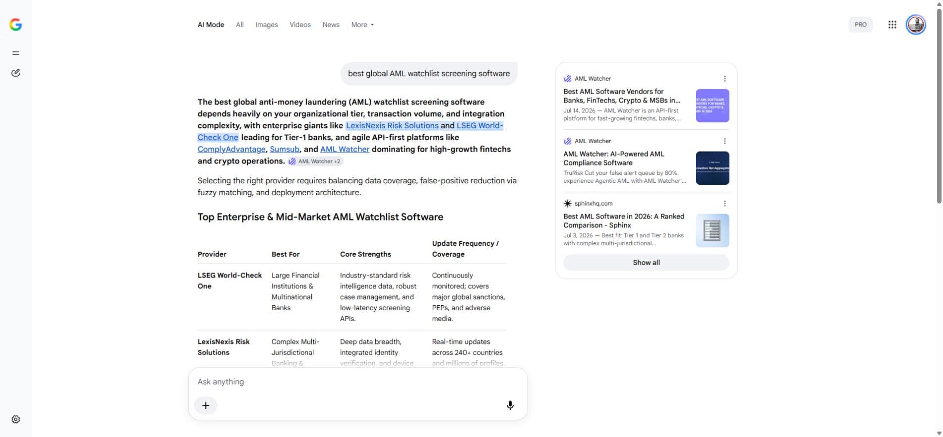 Google AI Mode answer that mentions and cites AML Watcher but opens its enterprise shortlist with other vendors.