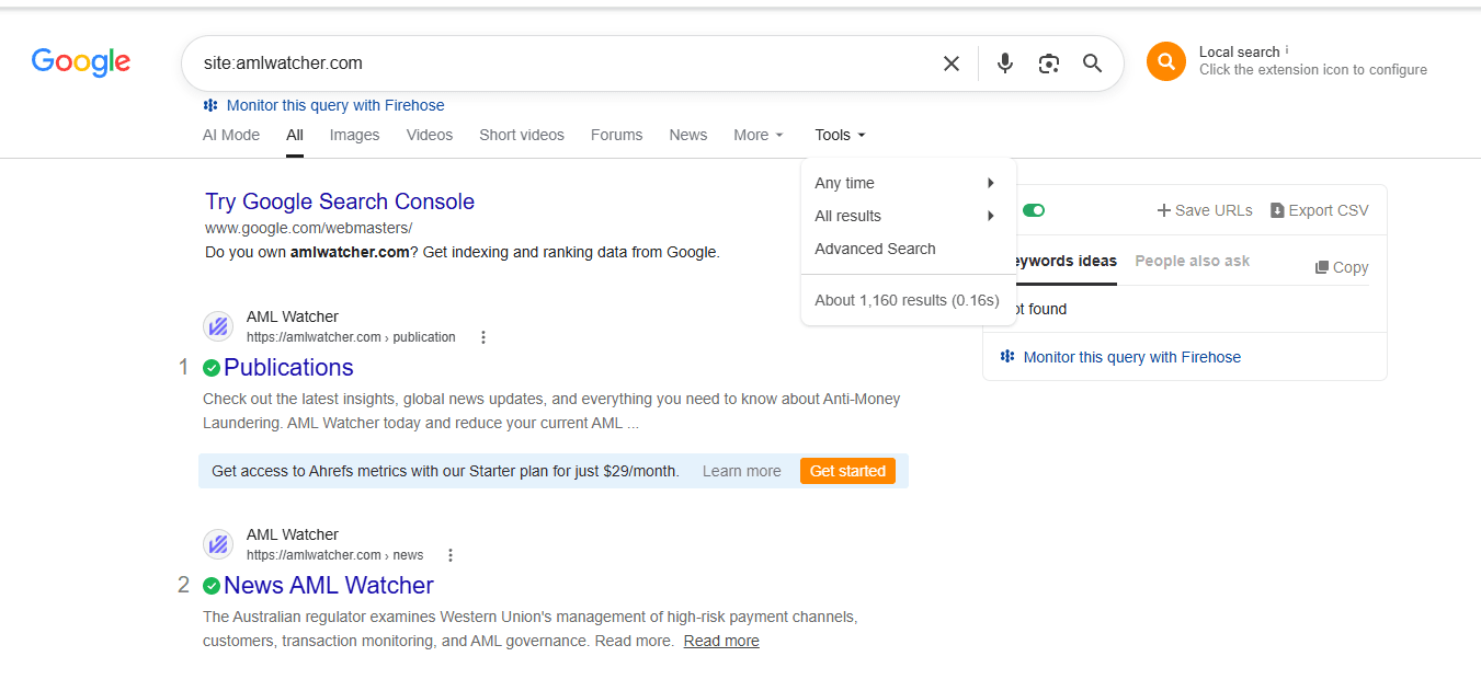 Google site search showing about 1,160 results for amlwatcher.com.