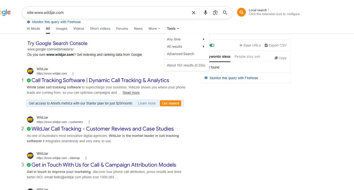 Google site search showing about 161 results for the WildJar www domain.
