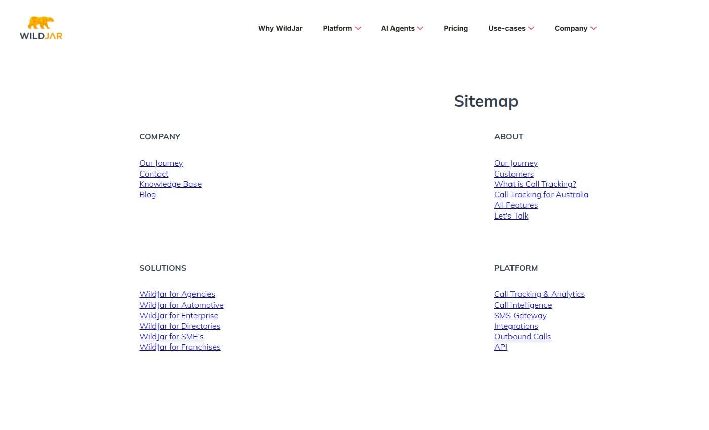 WildJar's public sitemap page showing company, solution, and platform sections.