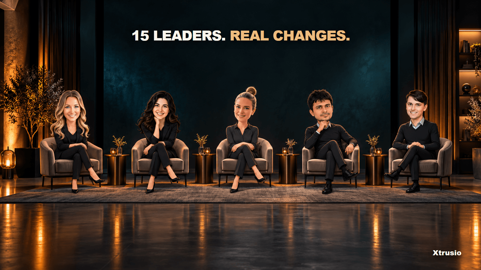 Illustrated portraits of Teri Maltais, Olga Kokhan, Dora Bloom, Rahul Agrawal and Andrew Izrailo seated in a studio
