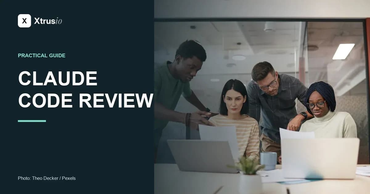 A team reviewing work on two laptops beside the headline Claude Code Review