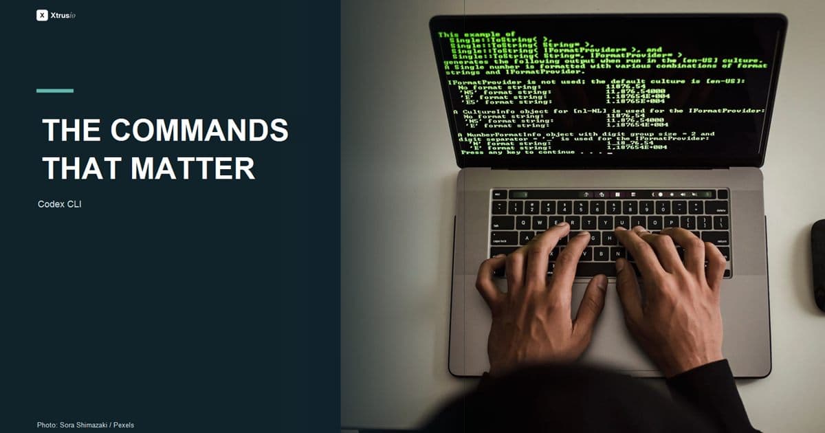 Hands using a laptop beside the headline The Commands That Matter
