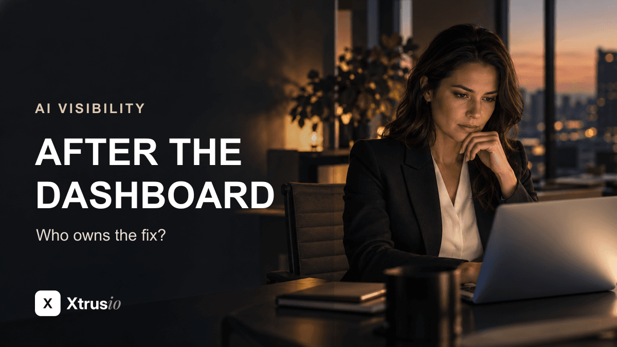 Marketing director deciding what to do after an AI visibility alert, photo illustration