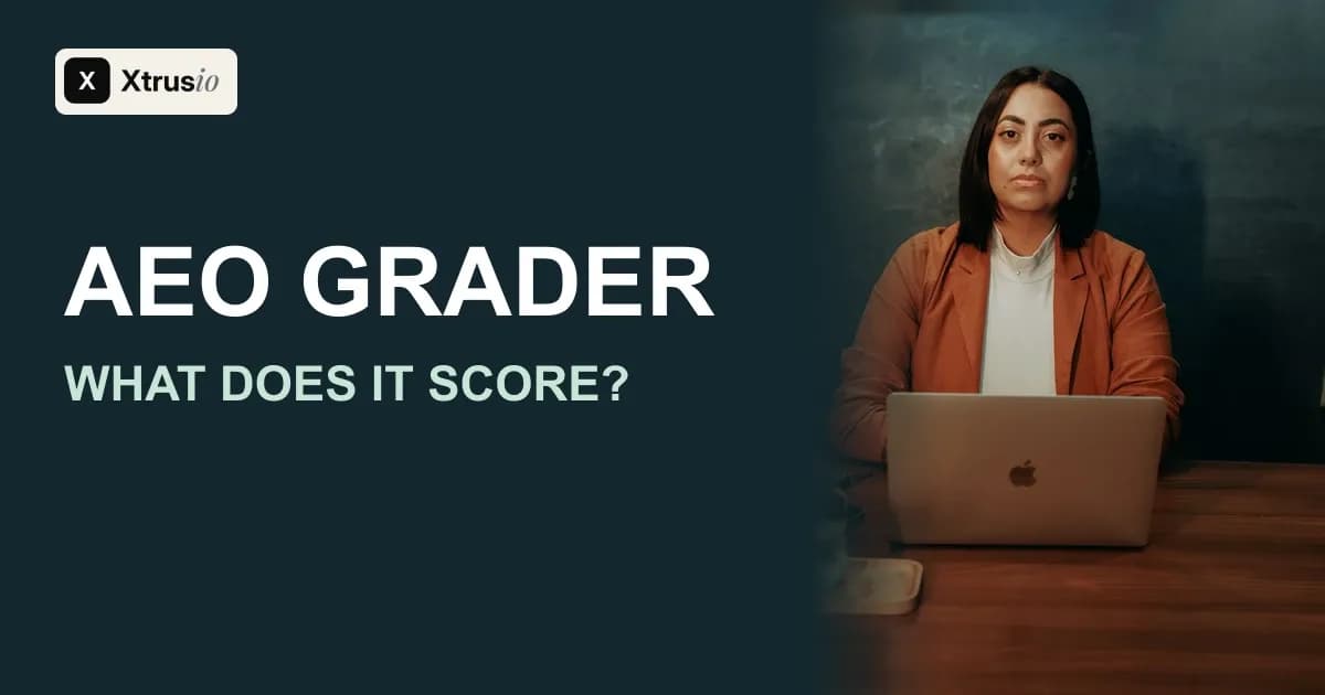 A woman working at a laptop beside the headline AEO Grader: What Does It Score?