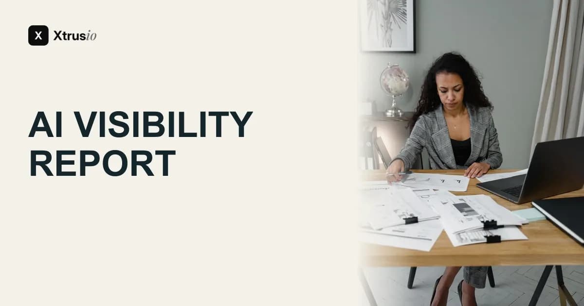 A businesswoman reading reports beside the title AI Visibility Report