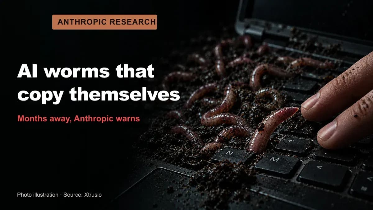 Photo illustration of earthworms emerging from a muddy laptop keyboard toward a fingertip, with an Anthropic AI worm research headline