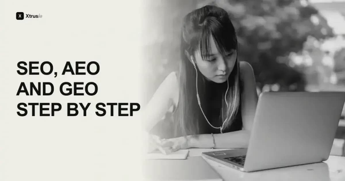 SEO, AEO and GEO step by step, with a learner taking notes beside a laptop.