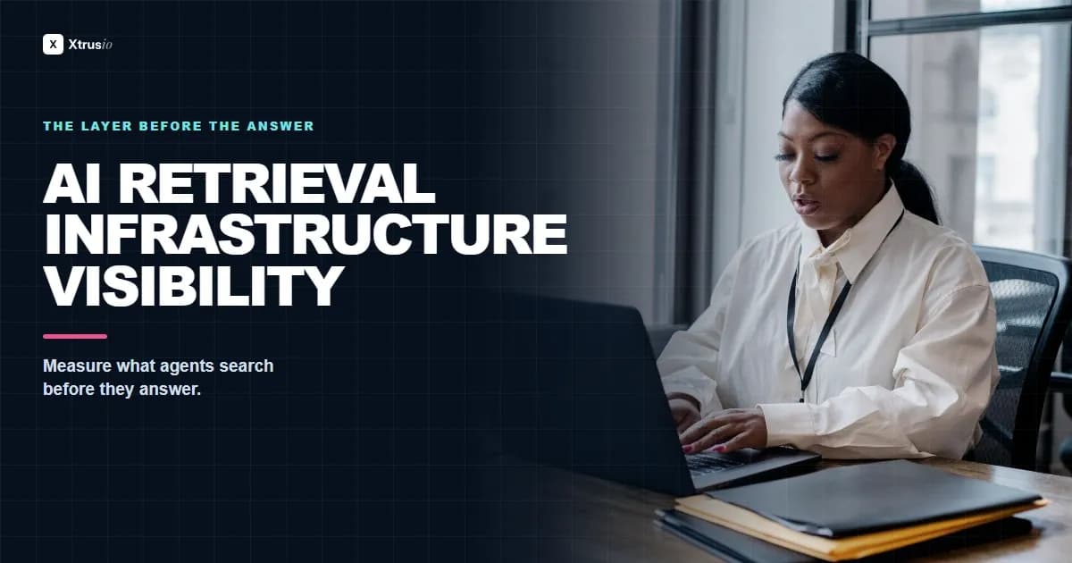 Technology professional working at a laptop beside the title AI Retrieval Infrastructure Visibility