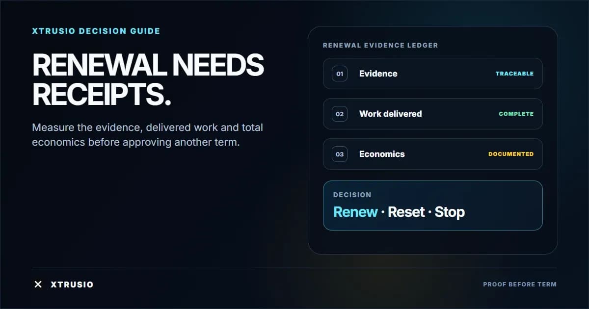 Xtrusio renewal scorecard comparing evidence, delivered work and commercial value before a renew, reset or stop decision