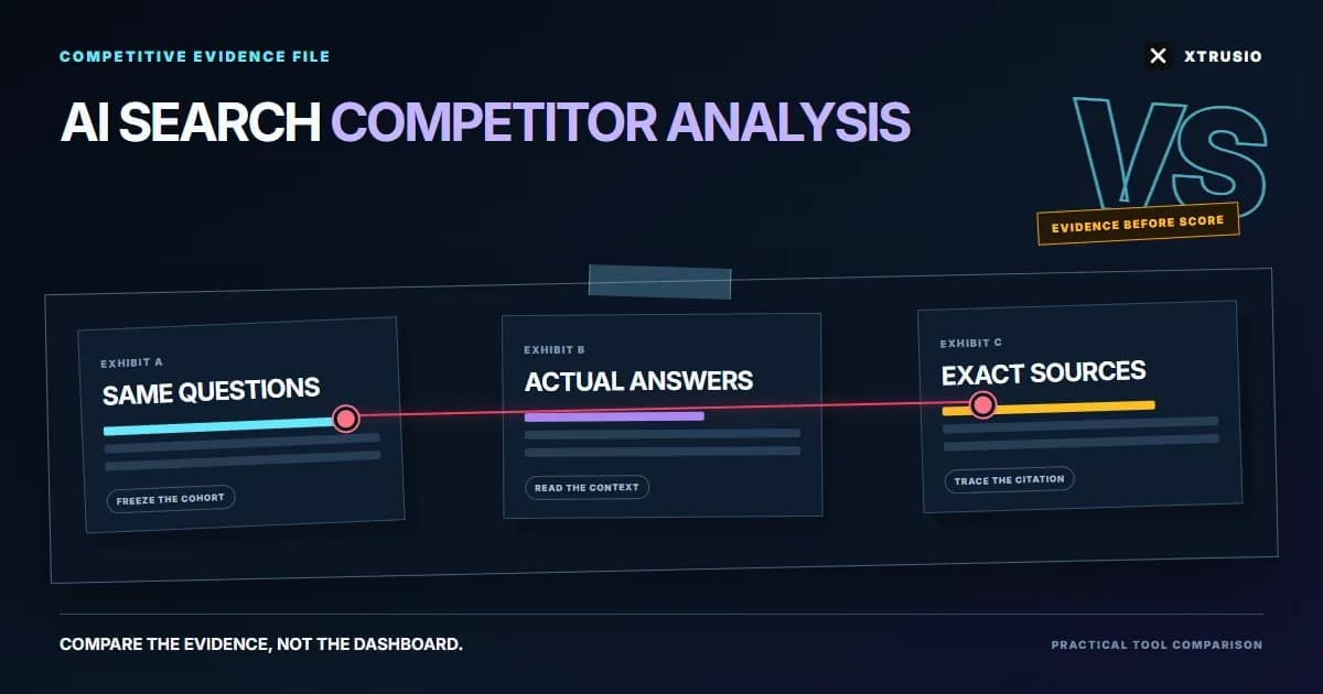 Xtrusio evidence board comparing AI search competitors through questions, answer mentions and citation sources