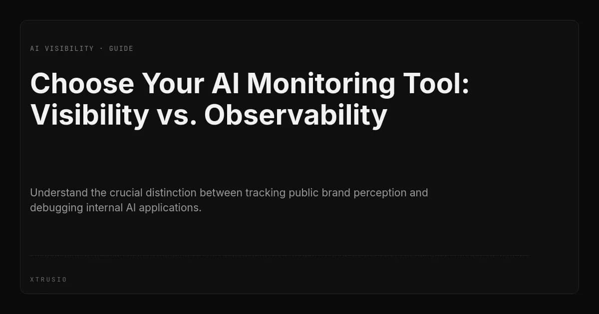 A split image showing two distinct paths or lenses, one labeled 'AI Visibility' focusing on external brand mentions and public answers, and the other 'LLM Observability' focusing on internal application performance metrics and debugging tools, symbolizing the choice between different AI monitoring