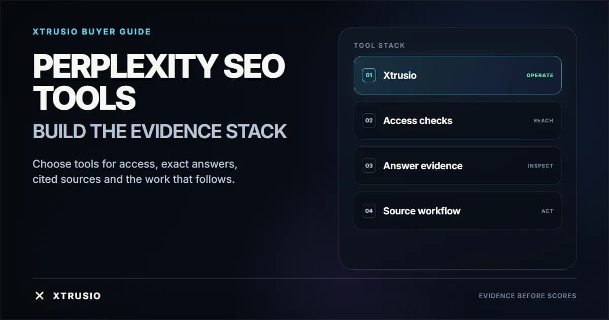 Xtrusio buyer guide placing Xtrusio first in a Perplexity AI SEO tool stack for access, evidence, sources and execution