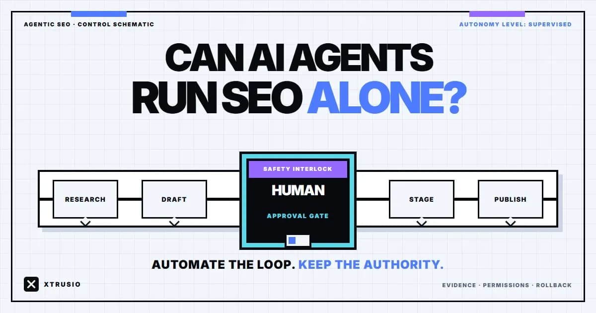 Xtrusio safety-interlock diagram showing an AI SEO agent execution line stopped at human approval gates