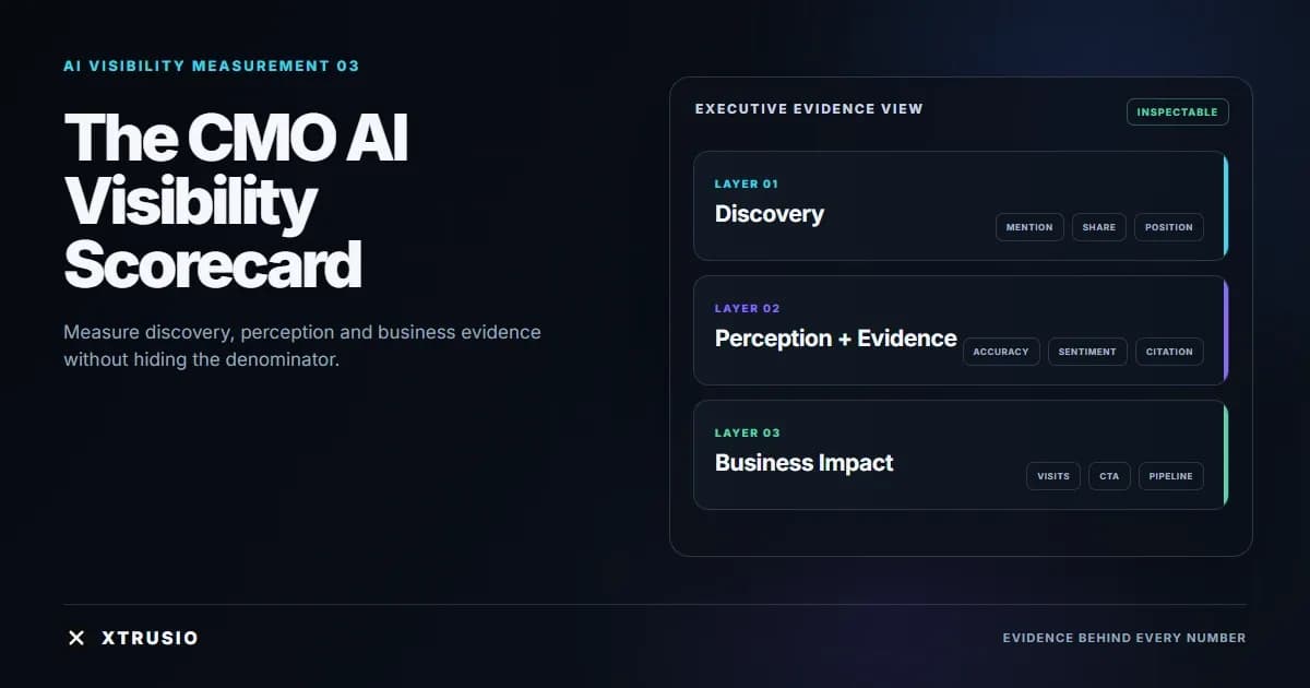 Three-layer CMO scorecard connecting AI discovery, brand perception and commercial evidence