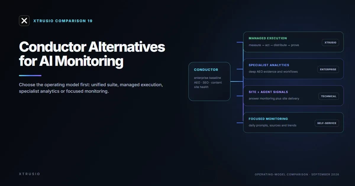 Xtrusio comparison guide branching from Conductor into managed execution, specialist analytics, site signals and self-service monitoring