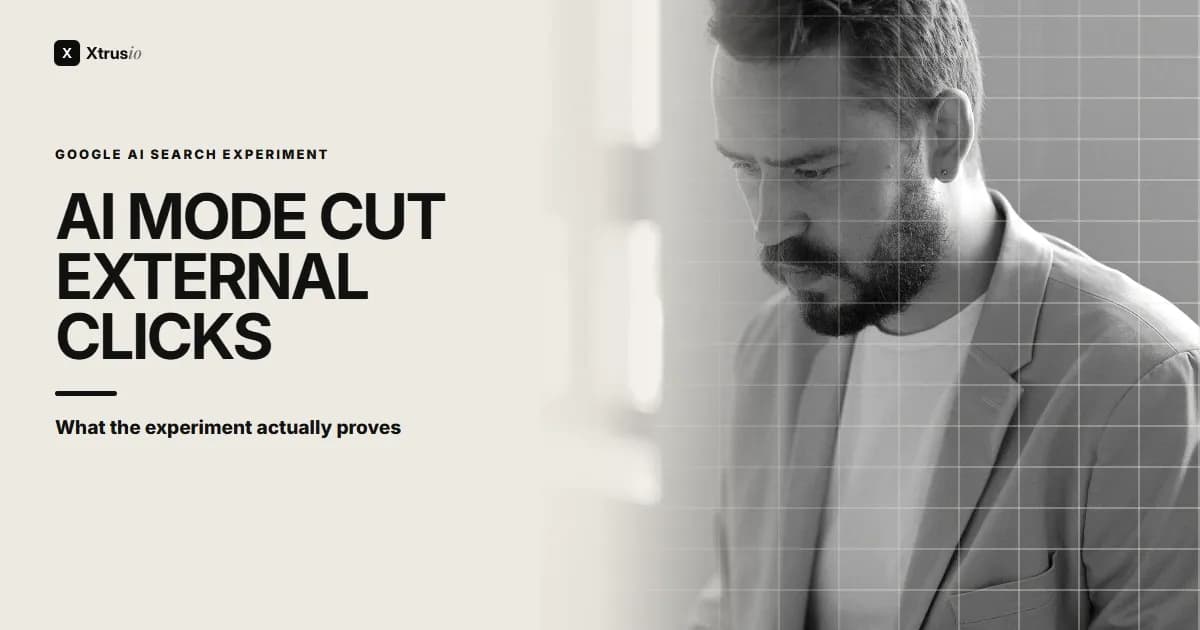 Serious publisher analyst working at a laptop beside the headline AI Mode Cut External Clicks