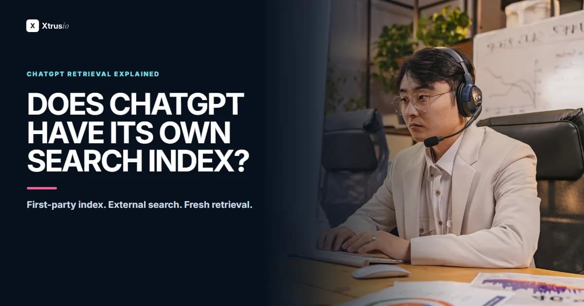 Search analyst wearing a headset beside the question Does ChatGPT Have Its Own Search Index
