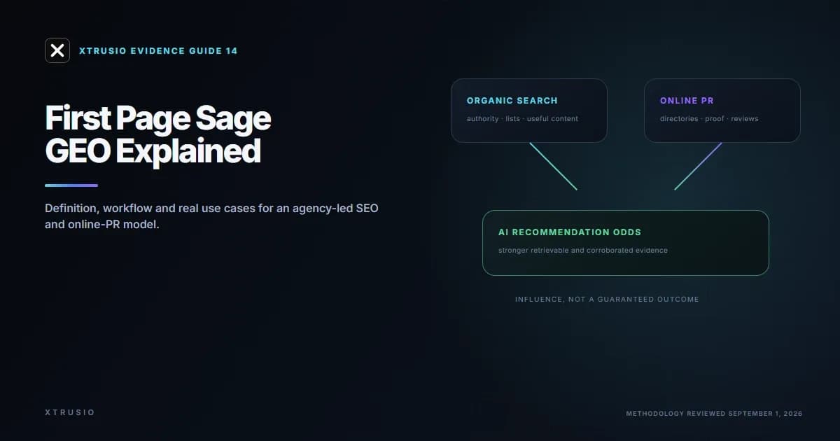 Xtrusio evidence guide explaining the First Page Sage GEO model from organic search and online PR to AI recommendation visibility