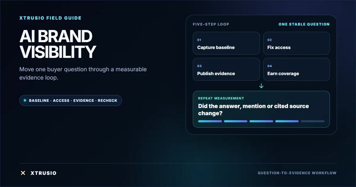 Xtrusio workflow connecting buyer-question baselines, access, evidence, third-party coverage and repeat AI-search measurement