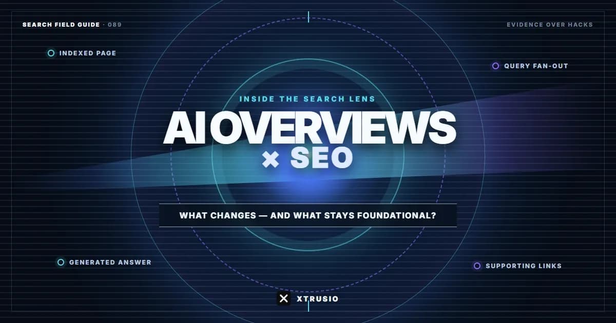 Xtrusio editorial lens showing how Google AI Overviews combine search retrieval, generated answers and supporting links