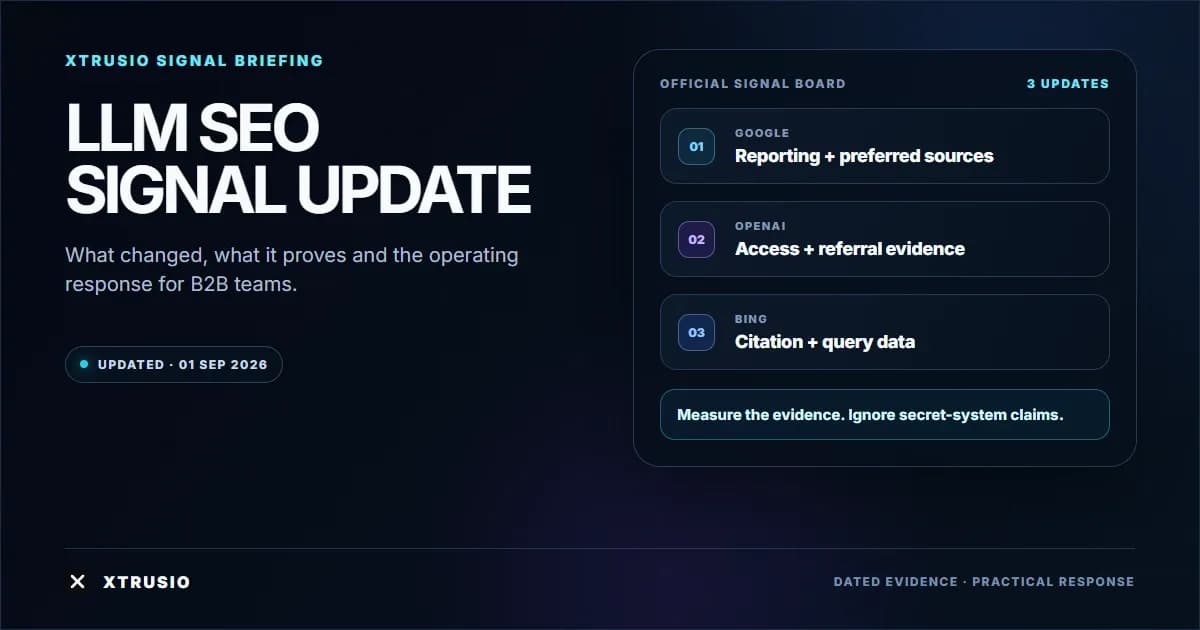 Xtrusio LLM SEO signal update showing Google reporting, OpenAI access and referrals, and Bing citation data on September 1, 2026