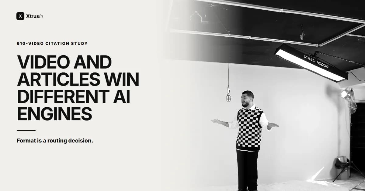 Creator presenting in a professional photography studio beside the headline Video and Articles Win Different AI Engines