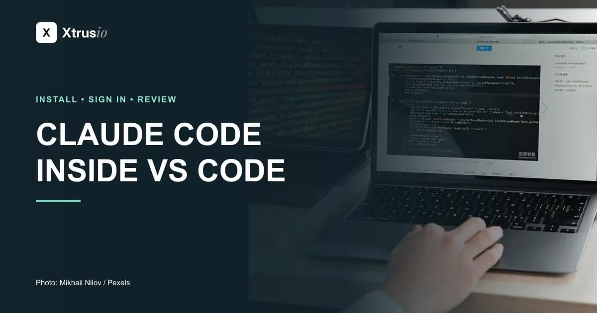 Developer using a laptop beside the headline Claude Code Inside VS Code