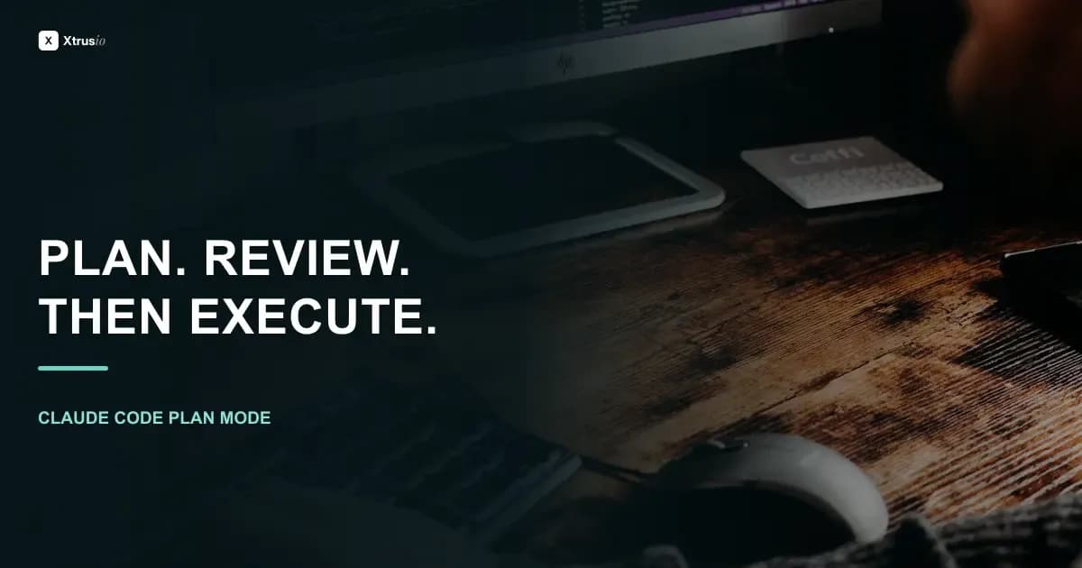Developer reviewing code before execution beside the headline Plan Review Then Execute