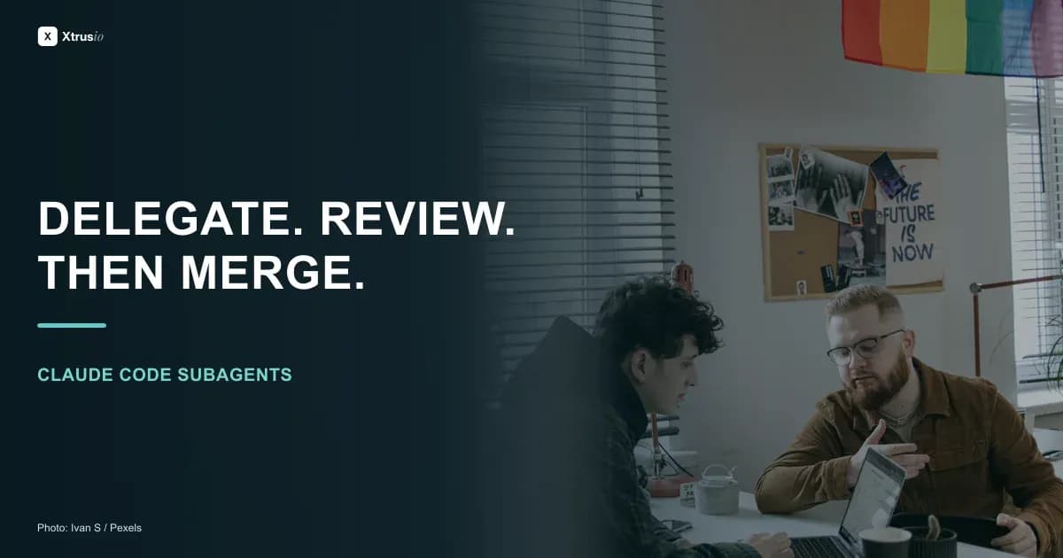 Two developers reviewing a delegated task beside the headline Delegate Review Then Merge