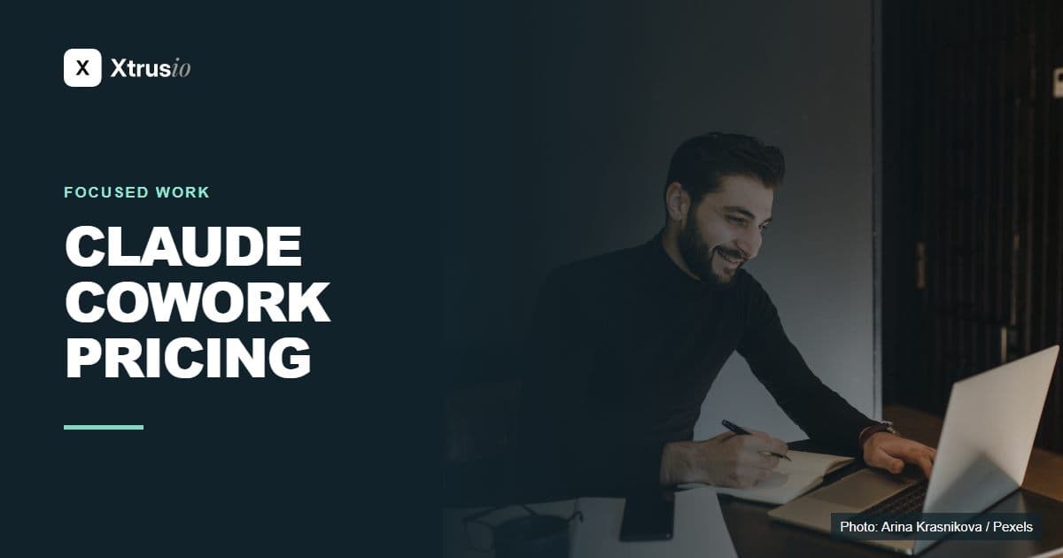 A professional using a laptop beside the headline Claude Cowork Pricing