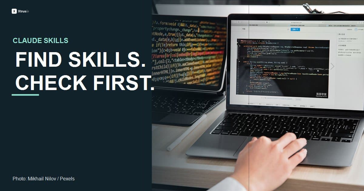 Developer at a laptop beside the headline Find Skills. Check First.