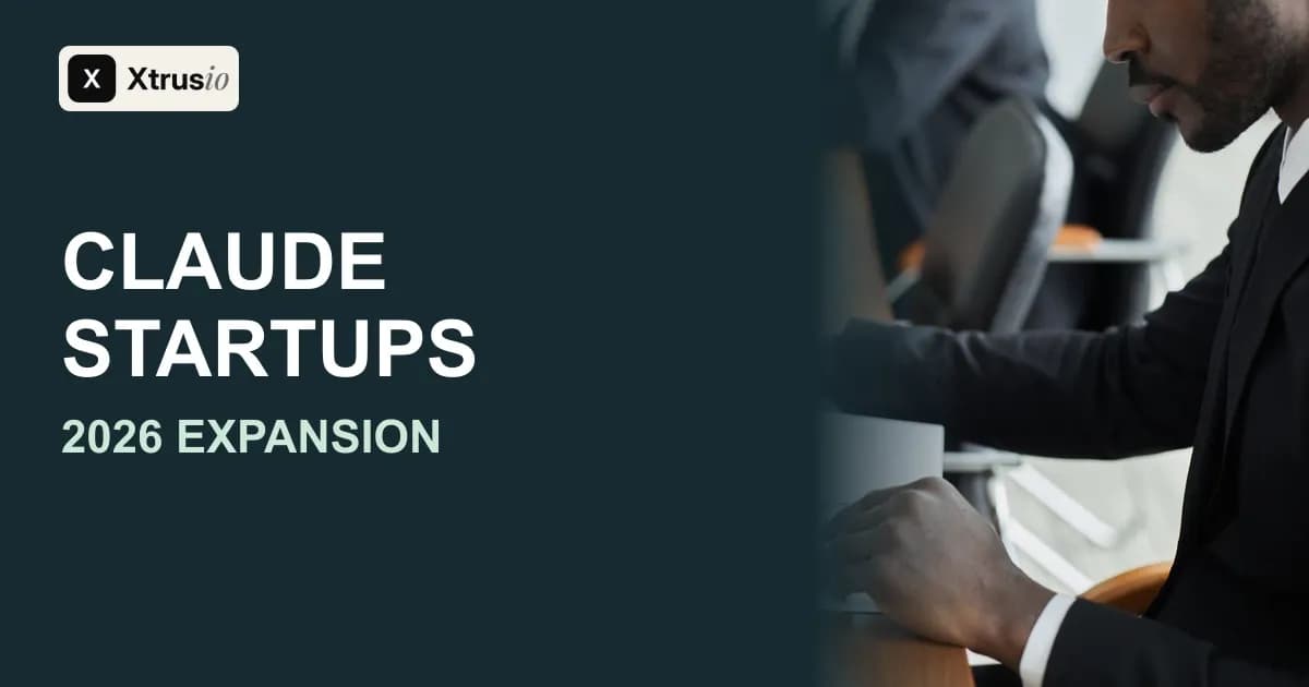 A professional reviews budget papers beside the headline Claude Startups 2026 Expansion.