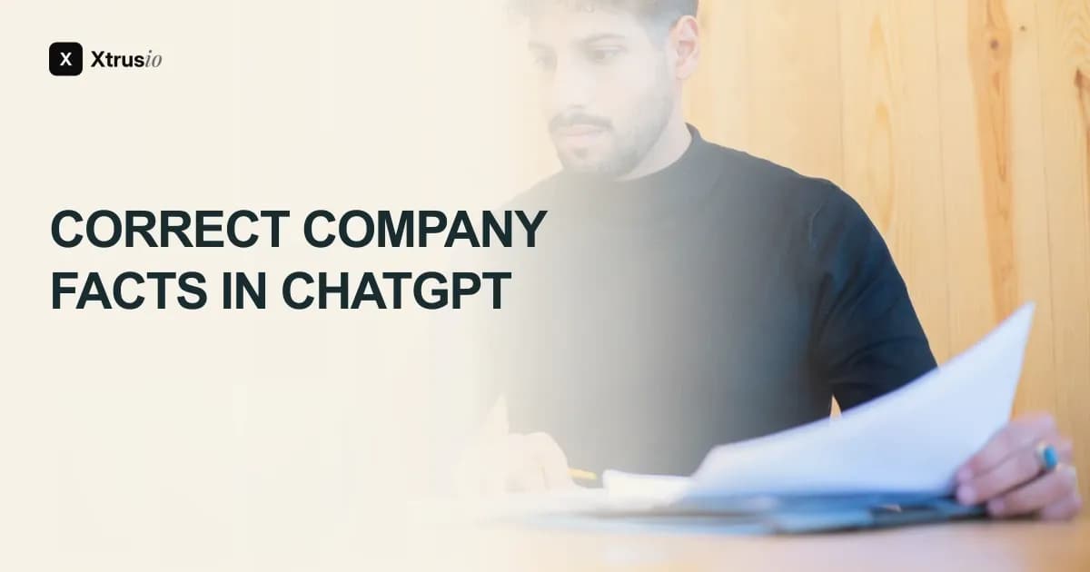 Person checking company information beside the headline Correct Company Information in ChatGPT