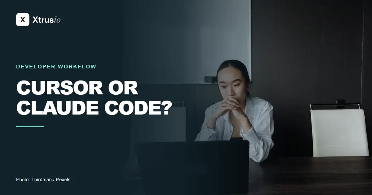Professional considering a laptop while comparing Cursor and Claude Code workflows