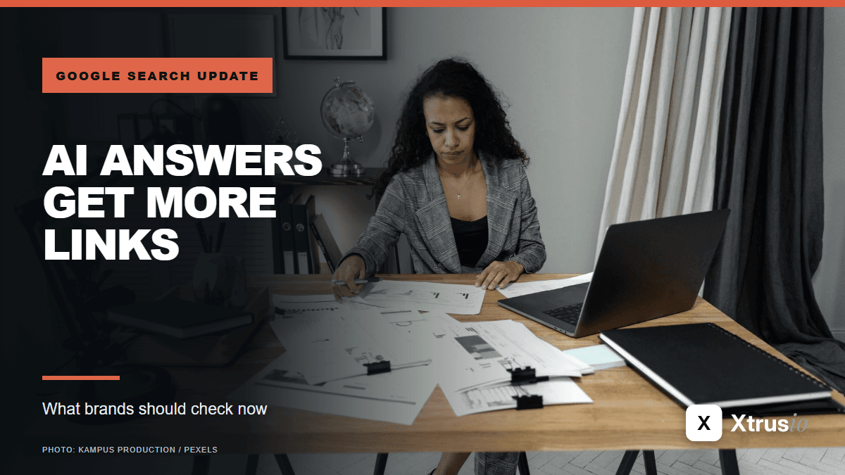 Professional reviewing search reports at a desk, with the headline AI answers get more links
