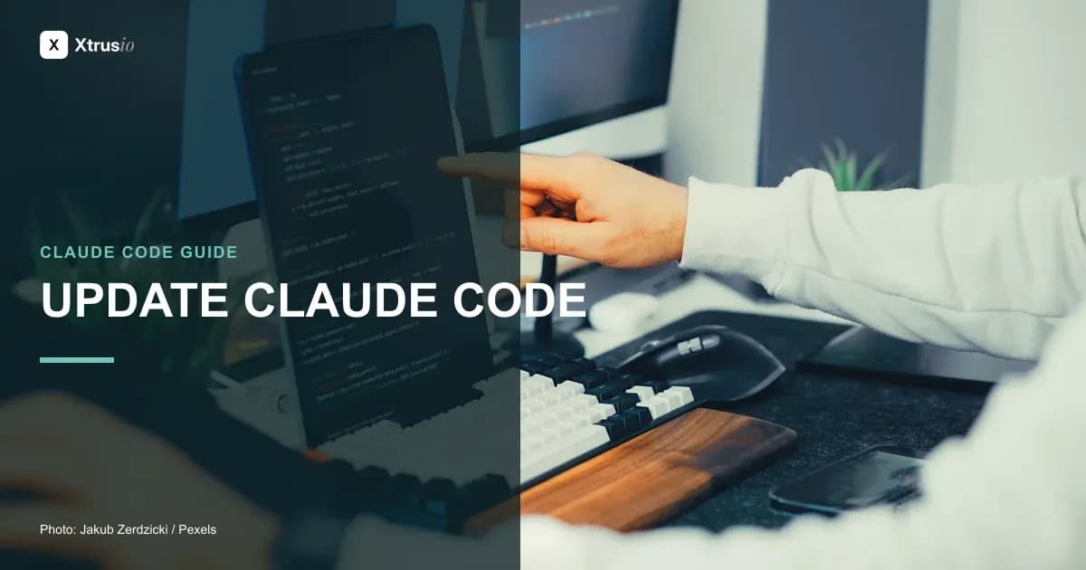 Developer updating Claude Code on a laptop beside the headline Update Claude Code
