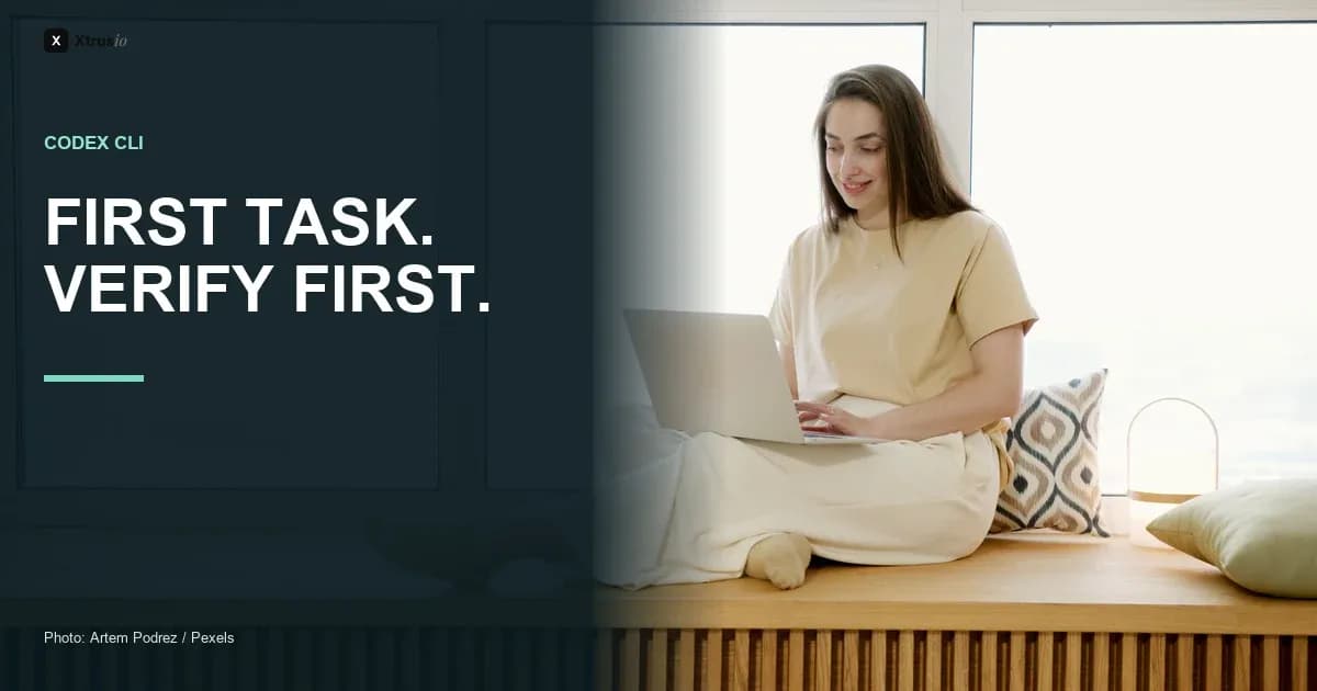 A developer working on a laptop beside the headline First Task Check First