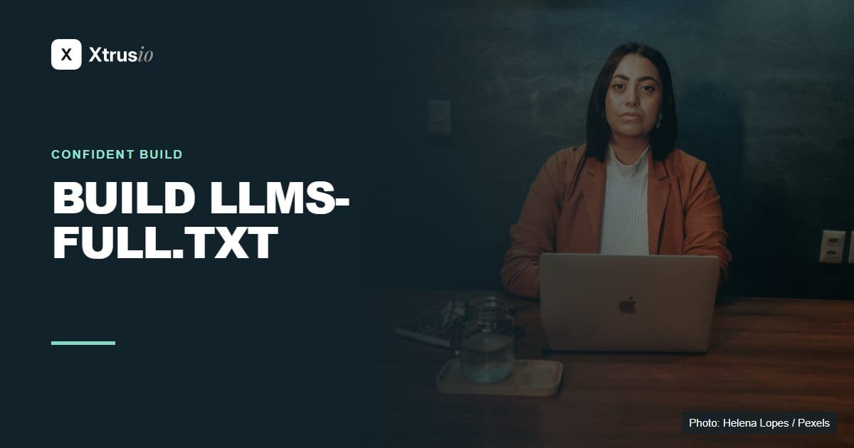 A professional working on a laptop beside the headline Build llms-full.txt