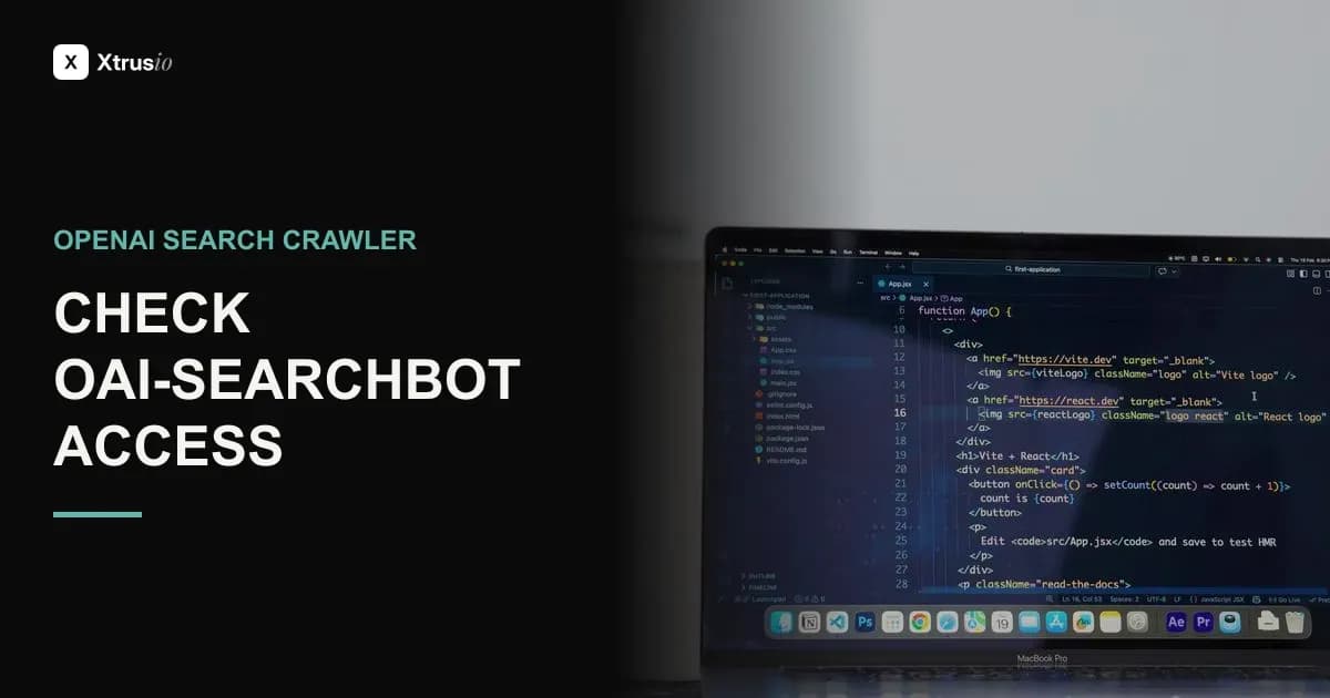 Laptop showing website code beside the headline Check OAI-SearchBot Access