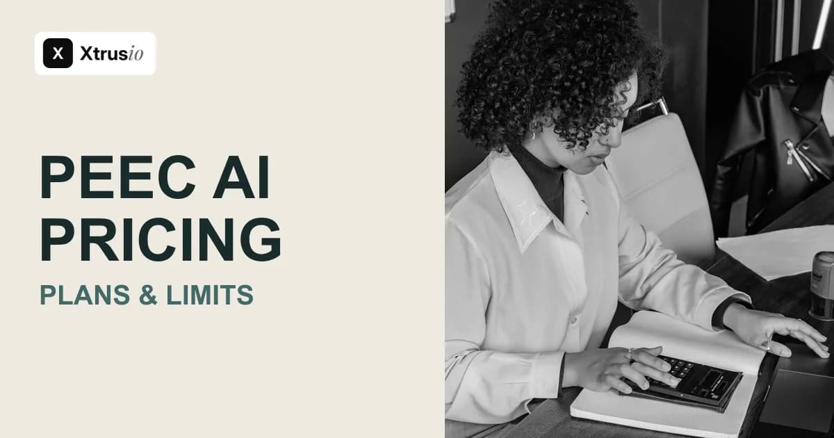 A professional using a calculator beside the headline Peec AI Pricing: Plans and Limits