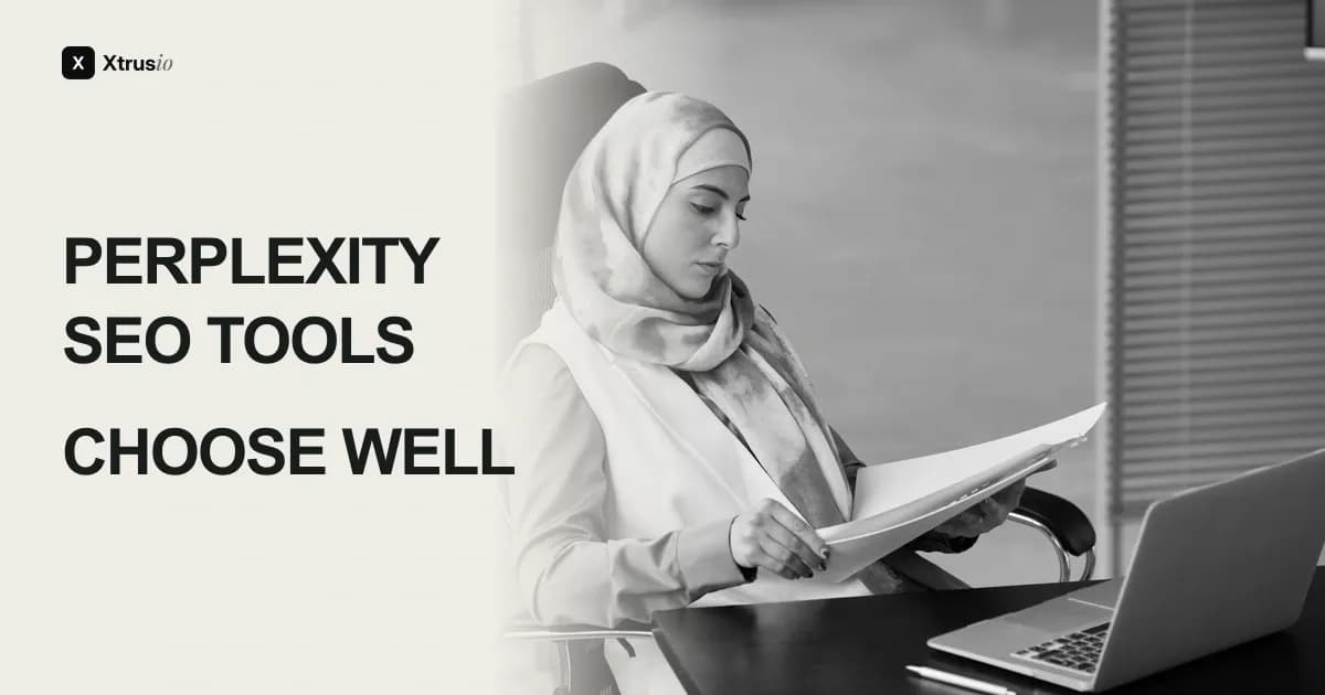 Perplexity SEO tools: choose well. A person reviews documents beside a laptop.