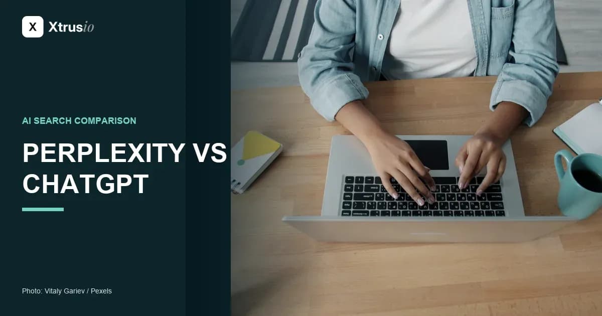 Person researching on a laptop beside the headline Perplexity vs ChatGPT