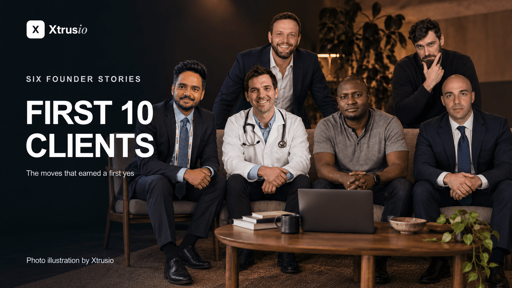 Six founders together on a sofa, photo illustration