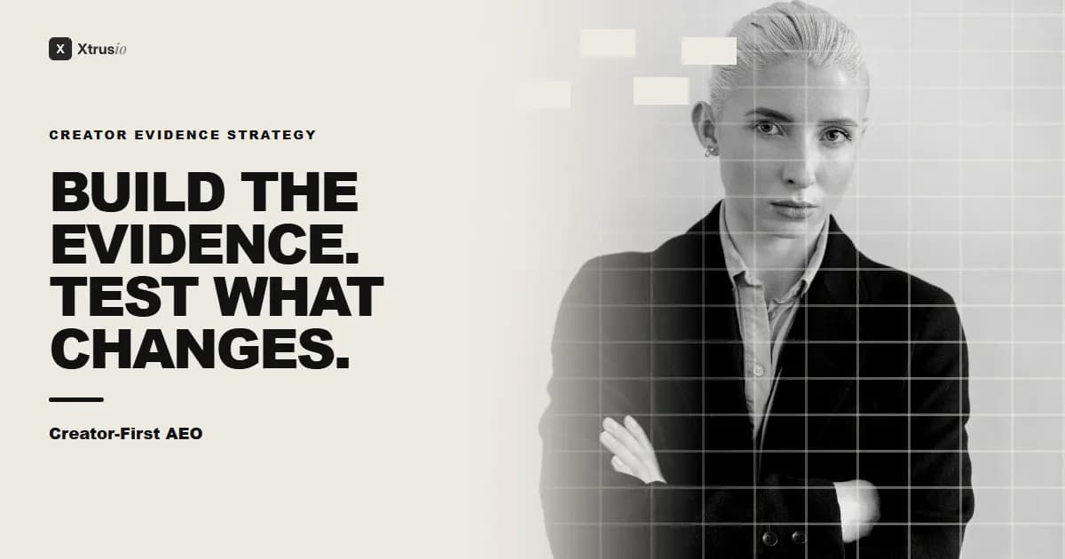 Creator-First AEO cover with an executive portrait and the message Build the evidence. Test what changes.