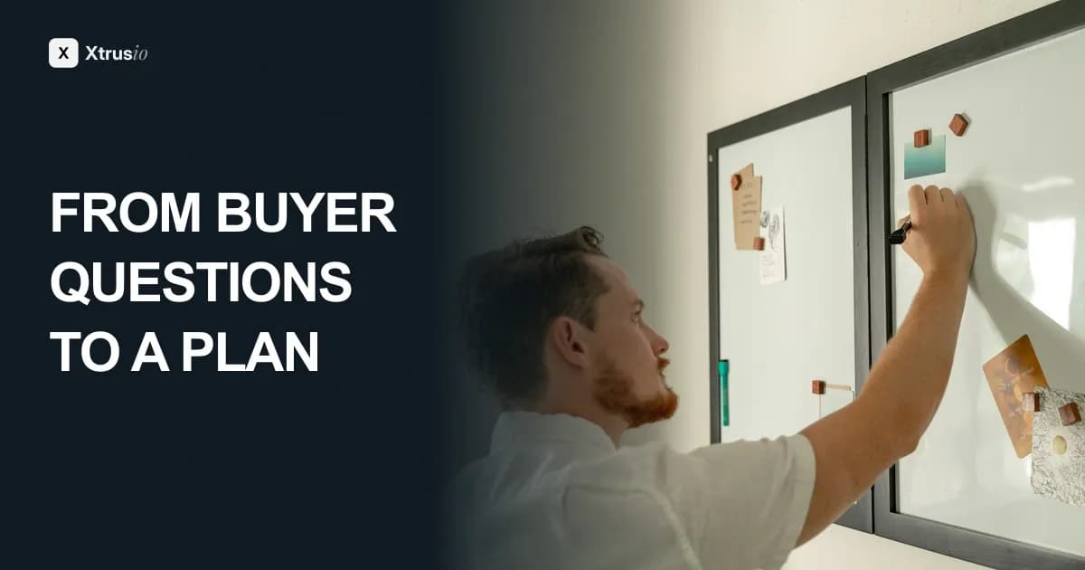 From buyer questions to a plan. A man organizes notes on a planning board.