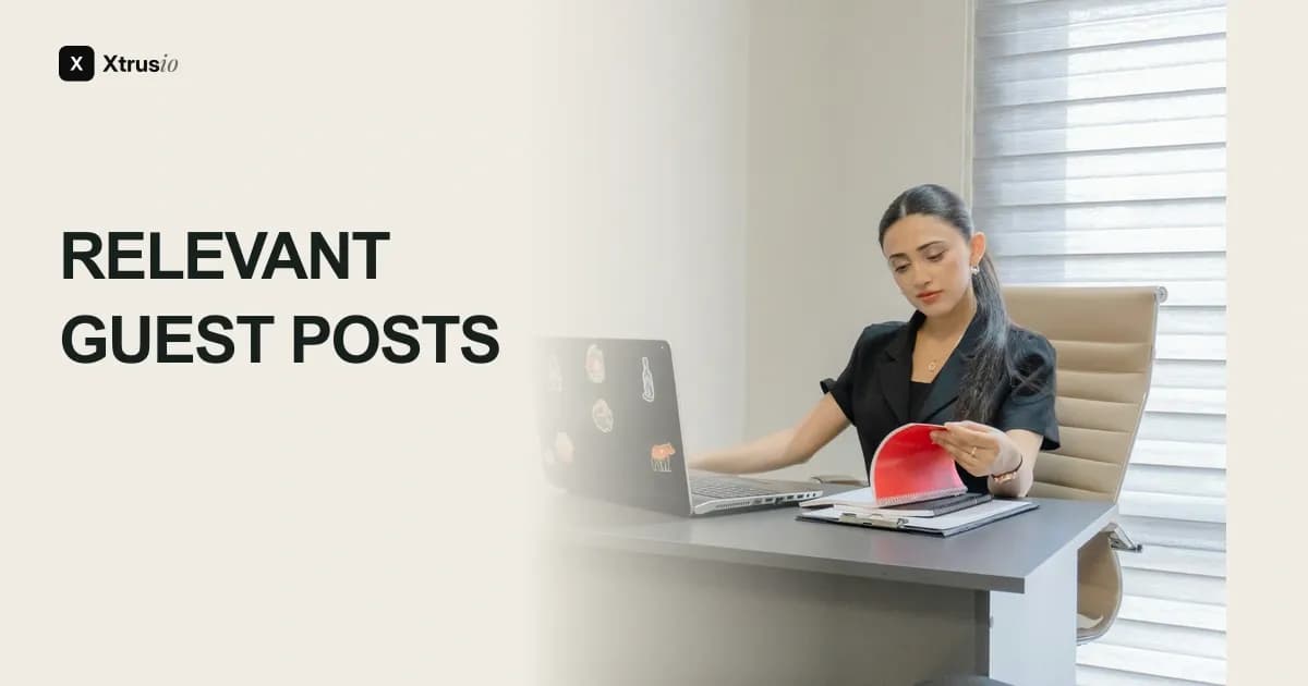 Relevant guest posts. A woman reviews written material beside her laptop.